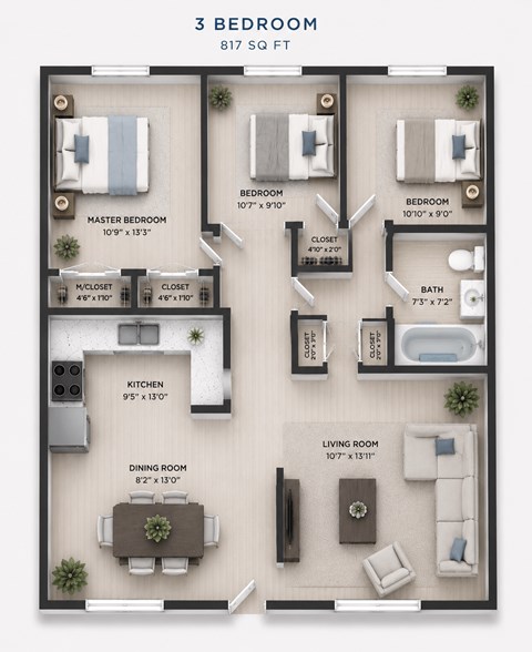Floor plan for 3 beds, 1 bath, 816 sqft